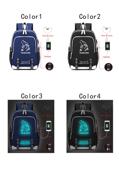 Fashion House Stark Wolf Head Printed Large Capacity USB Charge Laptop Bag School Backpack 30*15*44cm