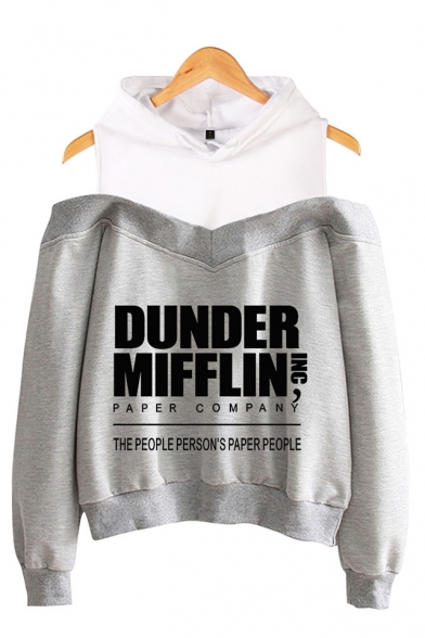 Fashion Letter Dunder Mifflin Print Cold Shoulder Long Sleeve Casual Pullover Hoodie