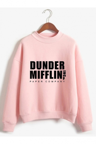 Fashion Letter Dunder Mifflin Printed Mock Neck Long Sleeve Pullover Sweatshirt