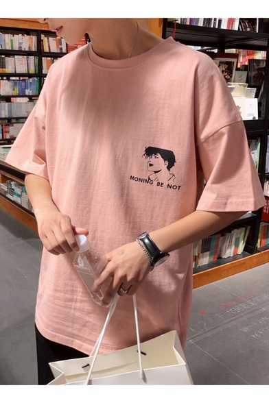 Guys Summer Fashion Cartoon Figure Letter City Hunter Printed Half Sleeve Oversized T-Shirt
