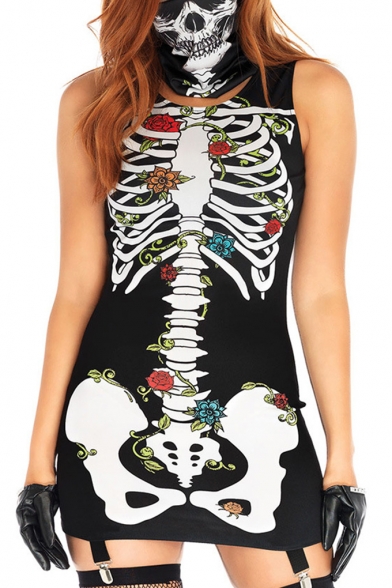 Hot Popular Halloween Black Scary Monster Skull Skeleton Pattern Sleeveless Mini Bodycon Dress