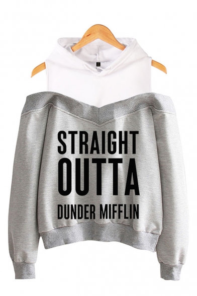 Hot Popular Letter Straight Outta Dunder Mifflin Print Cold Shoulder Pullover Hoodie