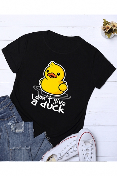 I Don't Give A Duck Letter Duck Printed Short Sleeve Round Neck Loose Casual T-Shirt