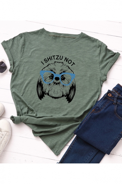 I SHITZU NOT Letter Cute Dog Printed Short Sleeve Casual Loose Summer T-Shirt