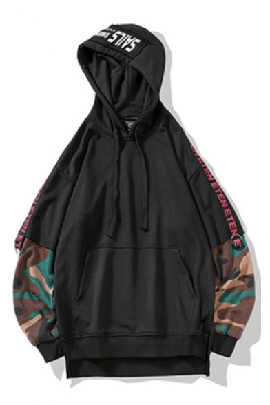 Men's Hot Fashion Letter Long Sleeve Camouflage Patch Fake Two Piece Drawstring Pullover Hoodie