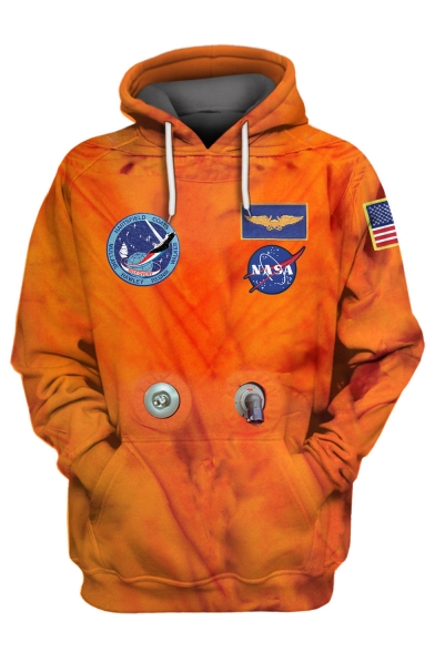 New Fashion Orange NASA Logo Pattern Long Sleeve Sport Casual Pullover Hoodie
