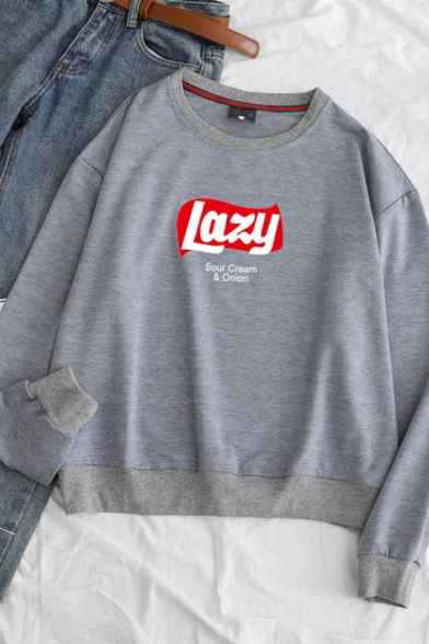 Simple Lazy Letter Print Round Neck Long Sleeve Leisure Pullover Sweatshirt