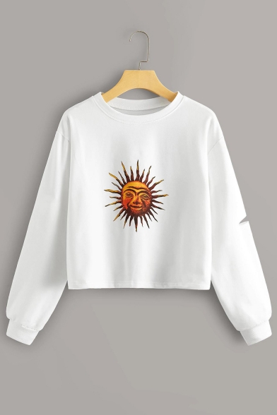 Simple Sun Pattern Round Neck Long Sleeve White Leisure Crop Sweatshirt