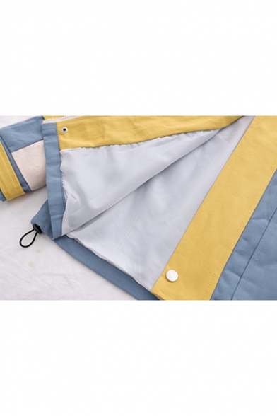 Students Trendy Color Block Letter Print Long Sleeve Zip Up Leisure Hooded Jacket
