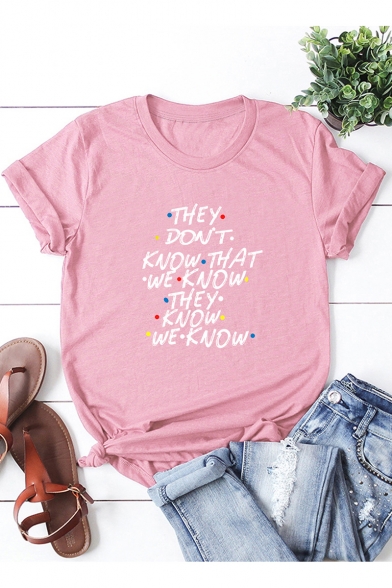 THEY DON'T KNOW Letter Print Round Neck Short Sleeve Casual Loose Summer T-Shirt