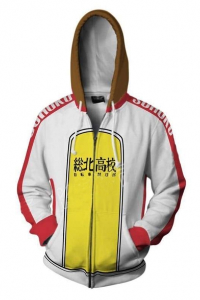 Trendy 3D Color Block Letter Printed Cosplay Costume Yellow Long Sleeve Zip Up Hoodie