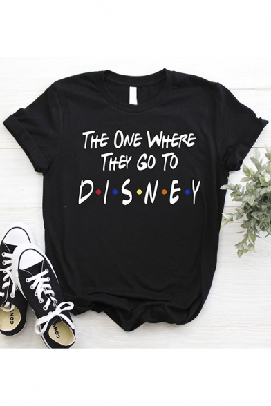 Women's Fashion The One Where The Go To DISNEY Letter Printed Round Neck Short Sleeve  Black Cotton T-Shirt