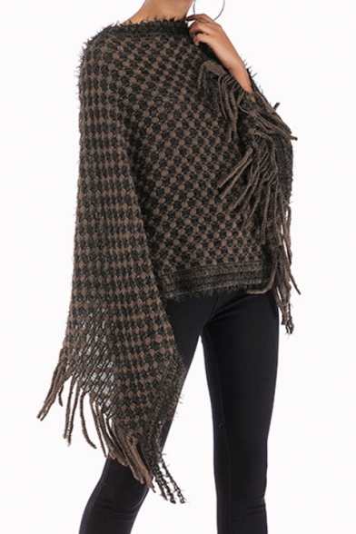 Womens Fashion Plaid Print Tassel Hem Open-Knit Off the Shoulder Cape Sweater