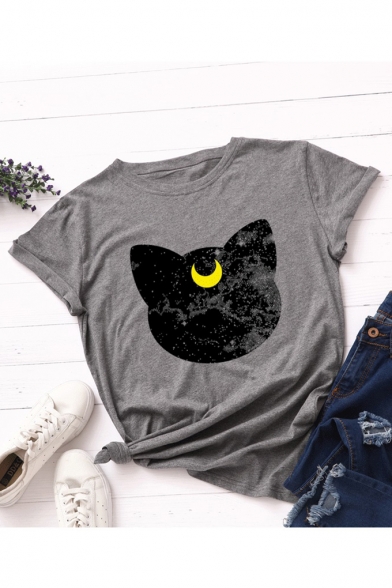 Cat Moon Print Round Neck Short Sleeves Casual Tee