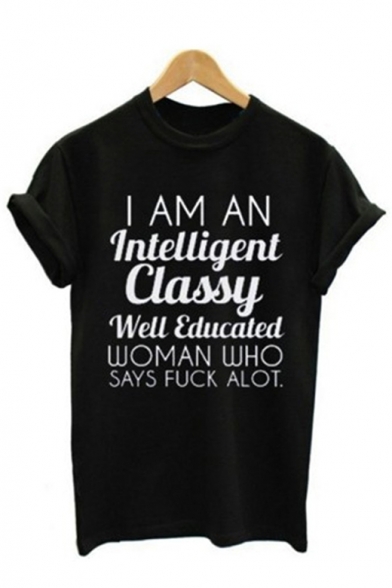 Cool Letter Intelligent Classy Printed Basic Round Neck Short Sleeve T-Shirt