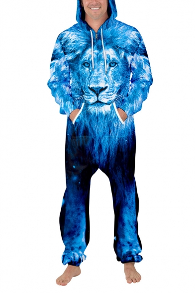 Cool Unique 3D Lion Printed Long Sleeve Zipper Front Sport Loose Jumpsuits