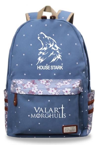 Fashion House Stark Wolf Head Floral Print Canvas School Bag Backpack 30*14.5*42cm