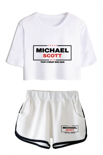 Fashion Letter Michael Scott Print Short Sleeve Crop Tee with Dolphin Shorts Two-Piece Set