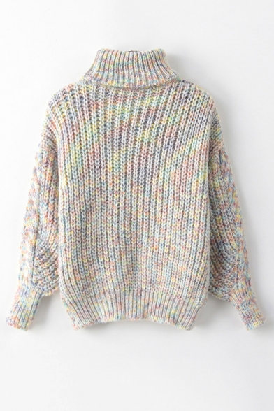 Ladies Multicolor Knit Print Cable Knit Roll Neck Bloomer Sleeve Sweater