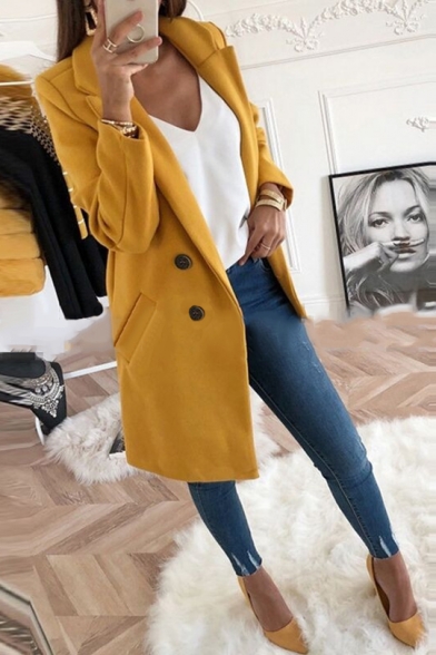 New Stylish Notched Lapel Long Sleeve Double Breasted Plain  Wool Coat With Pockets