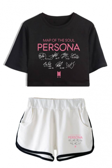 Popular Kpop Boy Band Logo Persona Short Sleeve Crop Tee with Dolphin Shorts Two-Piece Set