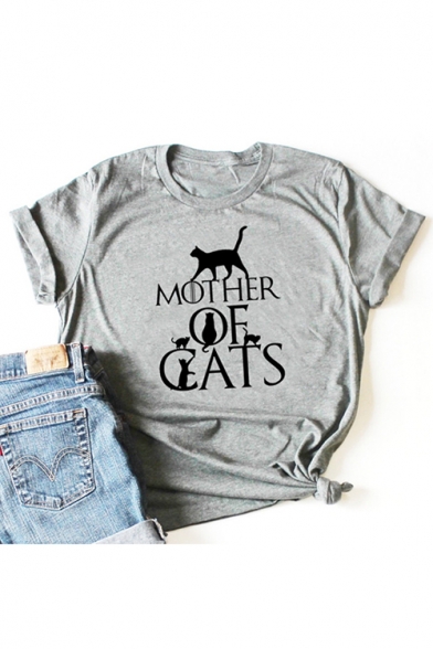 Popular Letter Mother Of Cats Printed Basic Round Neck Short Sleeve Graphic Tee