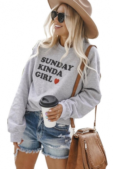 SUNDAY KINDA GIRL Letter Love Heart Printed Round Neck Long Sleeve Gray Pullover Sweatshirt