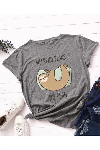 WEEKEND PLANS NO PLAN Letter Sloth Printed Round Neck Short Sleeve Tee