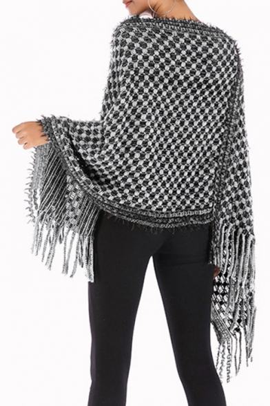 Womens Fashion Plaid Print Tassel Hem Open-Knit Off the Shoulder Cape Sweater