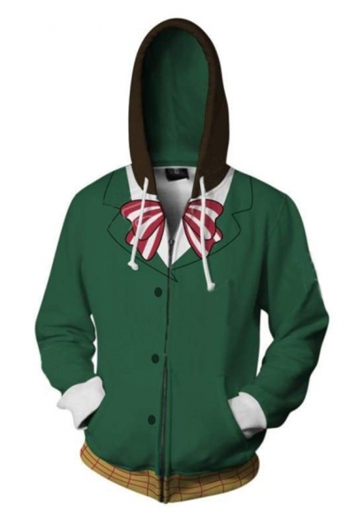 3D Fashion Bow Printed Long Sleeve Cosplay Costume Green Zip Up Hoodie
