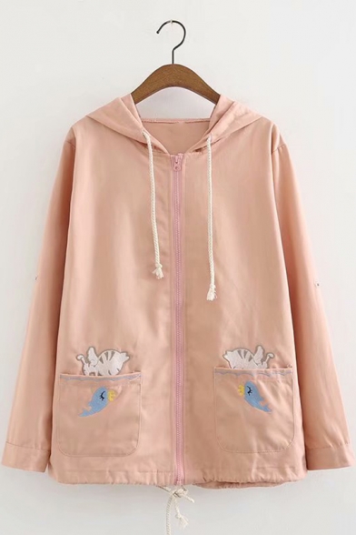 Cartoon Cat And Fish Embroidered Long Sleeve Zip UP Coat For Girls