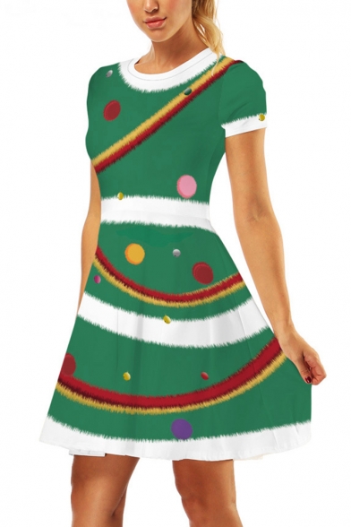 Christmas 3D Printed Round Neck Short Sleeve Mini A-Line Dress
