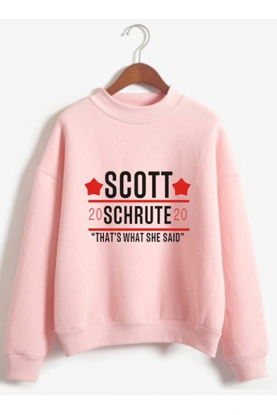 Fashion Heart Letter Scott Schrute Print Mock Neck Long Sleeve Pullover Sweatshirt