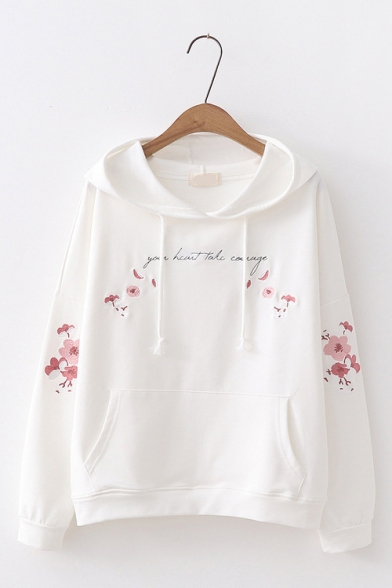 Girls Long Sleeve Letter Floral Embroidered Cotton Pullover Hoodie