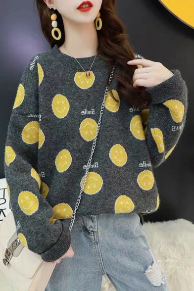 Ladies Cute Smiling Face Print Round Neck Drop Sleeve Boxy Sweater