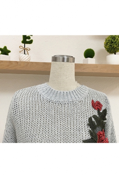 Ladies Fashion Grace Grey Floral Embroidered Print Round Neck Drop Sleeve Open-Knit Sweater