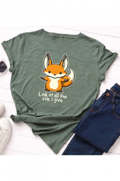 Look At All The Fox I Give Letter Cartoon Fox Printed Round Neck Short Sleeve Tee