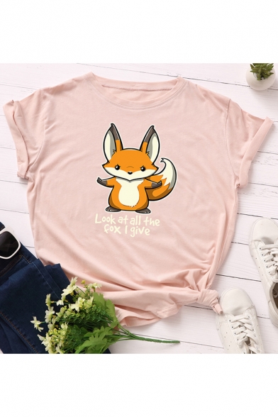 Look At All The Fox I Give Letter Cartoon Fox Printed Round Neck Short Sleeve Tee
