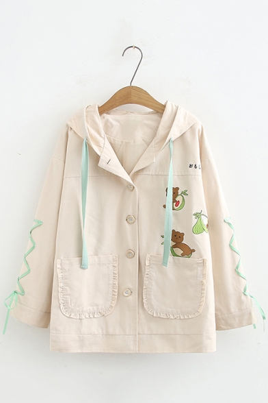 Lovely Bear And Avocado Embroidered Long Sleeve Bow Tie Cuff Button Down Hooded Jacket