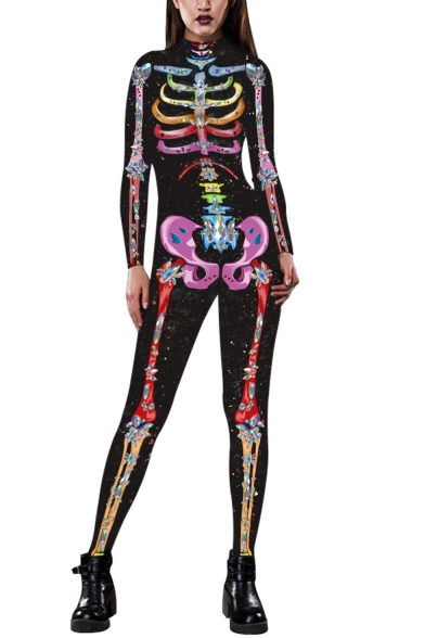 New Stylish Skeleton Pattern Long Sleeve Close-Fitted Jumpsuits