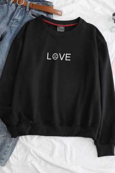 Simple LOVE Letter Print Long Sleeve Round Neck Pullover Sweatshirt