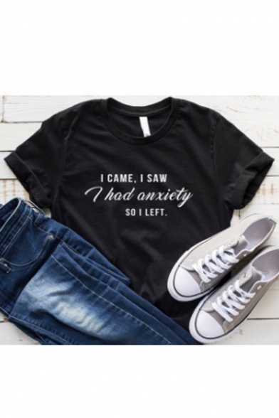 Street Style Letter I HAD ANXIETY Print Round Neck Short Sleeve Black Tee
