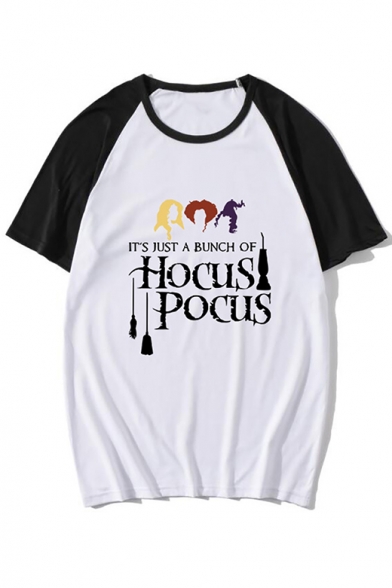 Trendy Halloween Hocus Pocus Letter Color Block Raglan Short Sleeve T-Shirt