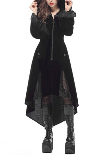 Vintage Medieval Gothic Style Lace Patchwork Long Sleeves Black Slim Asymmetric Hem Hooded Tunic Trench Coat