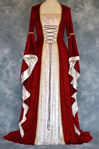 Womens Fashion Medieval Vintage Retro Square Neck Extra Long Sleeve Pleuche Contrast Stitching Swing Dress