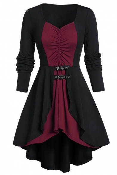 Womens Fashion V-Neck Long Sleeve Color Block Patchwork Buckled Embellished Asymmetrical A-Line Mini Dress