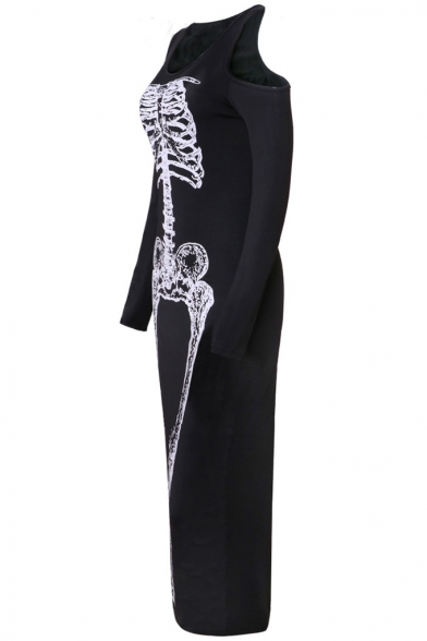 Womens Halloween Black Scary Monster Skull Skeleton Printed Round Neck Off Shoulder Long Sleeves Bodycon Maxi Dress