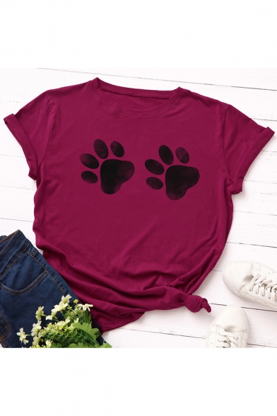 Cat Claw Printed Round Neck Short Sleeve Casual Loose Summer T-Shirt