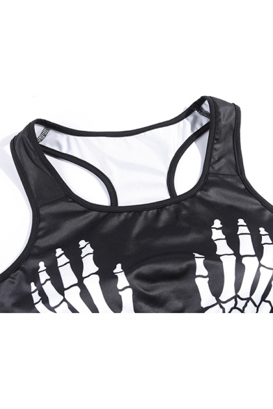 Cool Black Hand Bone Letter Printed Scoop Neck Sleeveless Tank Tee With Elastic Waist Shorts Fitted Sport Co-ords