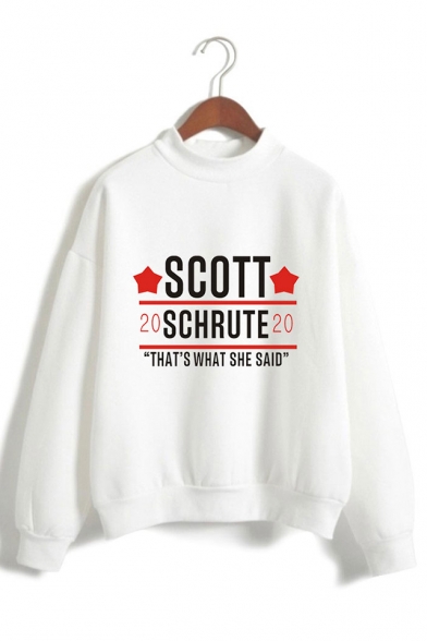 Fashion Heart Letter Scott Schrute Print Mock Neck Long Sleeve Pullover Sweatshirt